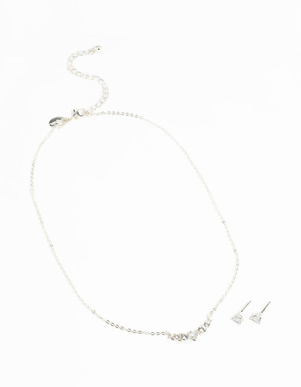 Silver Cubic Zirconia Heart Necklace & Earrings Set