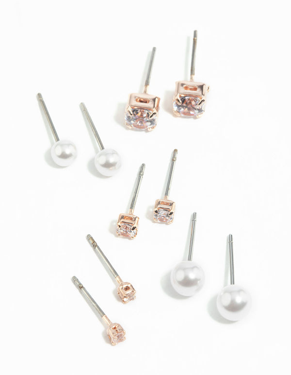 Rose Gold Diamante Stud Earring 5-Pack