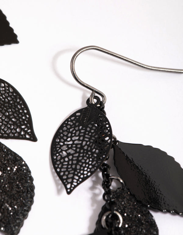 Matte Black Glitter Leaf Drop Earrings