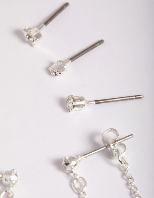 Silver Fine Diamante Mixed Stud Earring 5-Pack