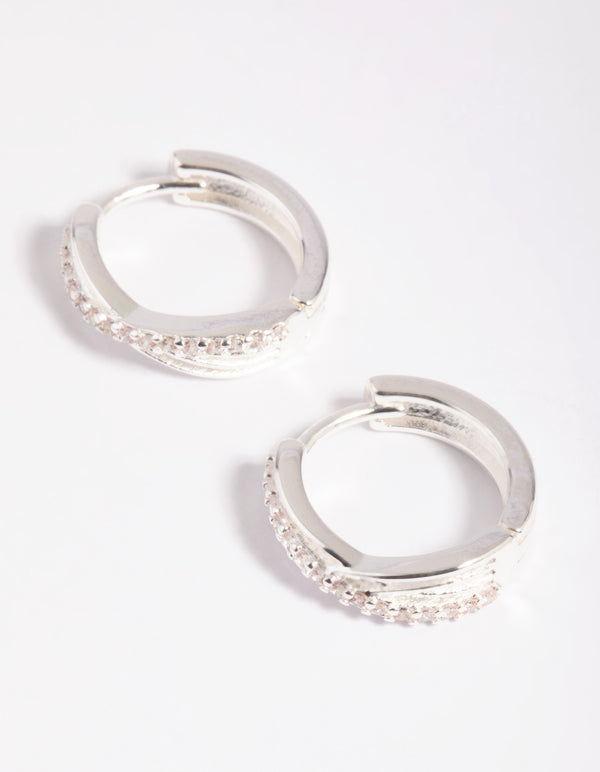 Silver Cubic Zirconia Twisted Huggie Hoop Earrings