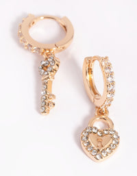 Gold Diamante Heart & Key Huggie Hoop Earrings - link has visual effect only