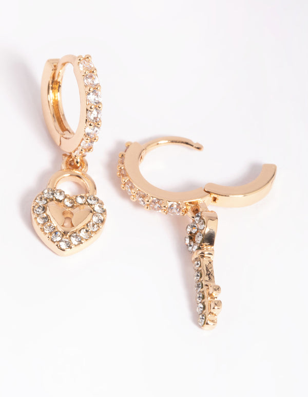 Gold Diamante Heart & Key Huggie Hoop Earrings