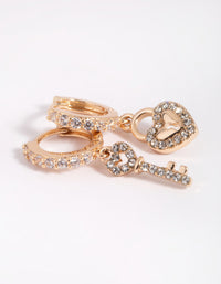 Gold Diamante Heart & Key Huggie Hoop Earrings - link has visual effect only