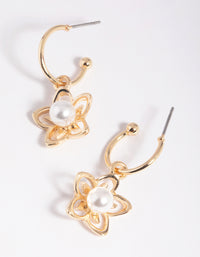 Gold Pearl Flower Huggie Hoop Earrings - link has visual effect only