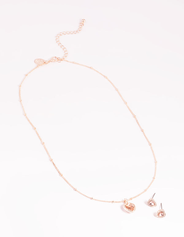 Rose Gold Heart Diamante Halo Necklace & Earrings Set