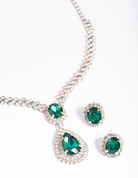 Silver Diamond Simulant Emerald Necklace & Earrings Set - link has visual effect only