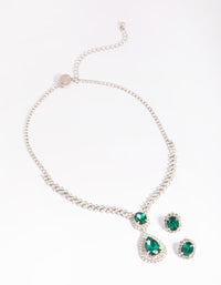 Silver Diamond Simulant Emerald Necklace & Earrings Set - link has visual effect only