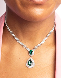 Silver Diamond Simulant Emerald Necklace & Earrings Set - link has visual effect only