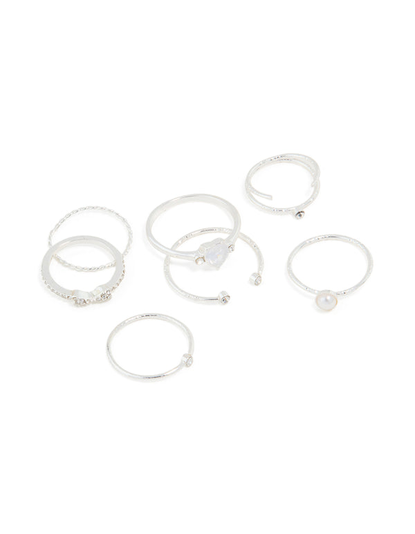 Silver Dainty Diamante & Pearl Ring Pack