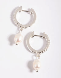 Silver Plated Brass  Cubic Zirconia Pearl Huggie Hoop Earrings - link has visual effect only