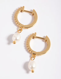 Gold Plated Brass Cubic Zirconia Pearl Huggie Hoop Earrings - link has visual effect only