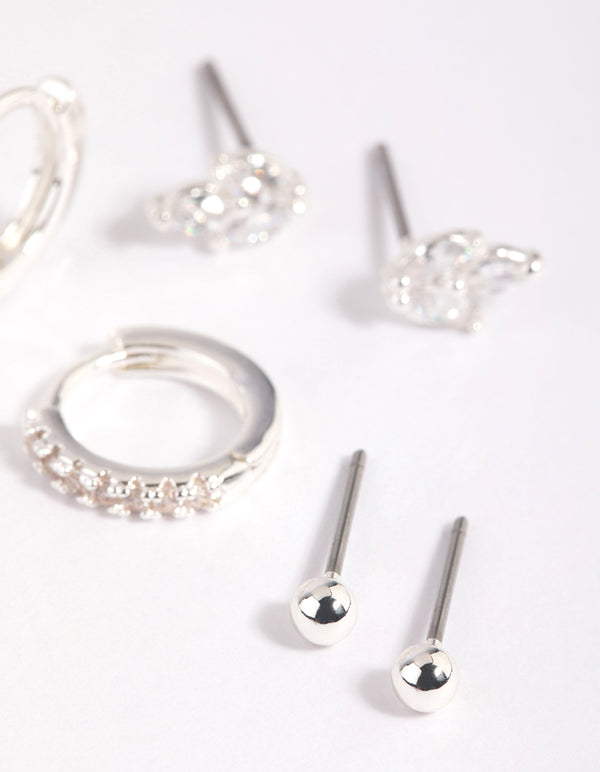 Silver Plated Brass  Cubic Zirconia Leaf Earring Stack 6-Pack