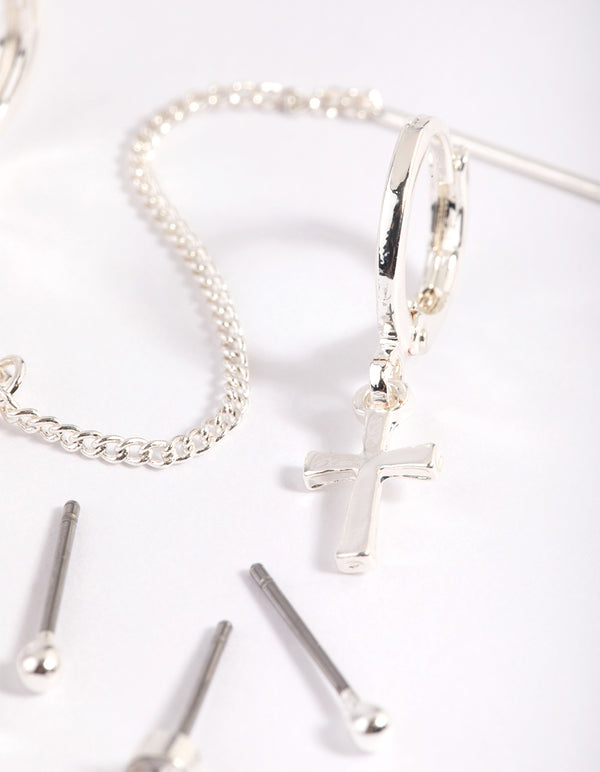 Silver Plated Brass  Chain Cross Earring Stack 8-Pack
