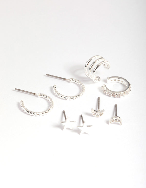 Silver Plated Brass  Star & Moon Stud Earring 8-Pack