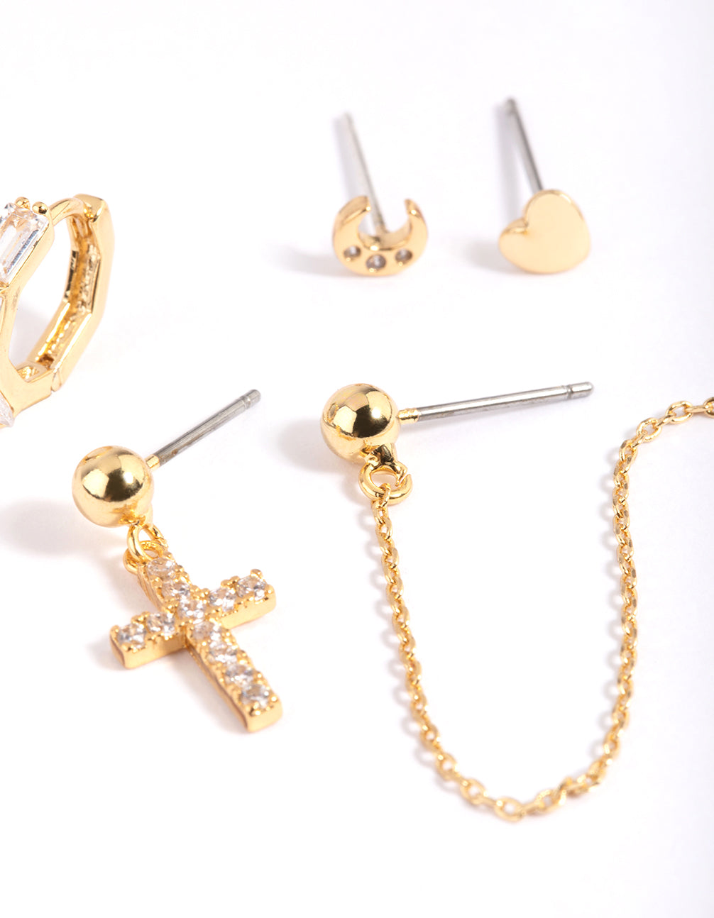 Gold Plated Cubic Zirconia Moon & Cross Earring Stack 6-Pack
