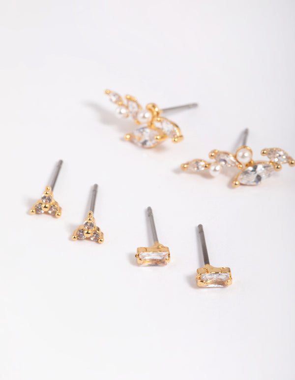 Gold Plated Brass Cubic Zirconia & Pearl Leaf Earring Stack 6-Pack