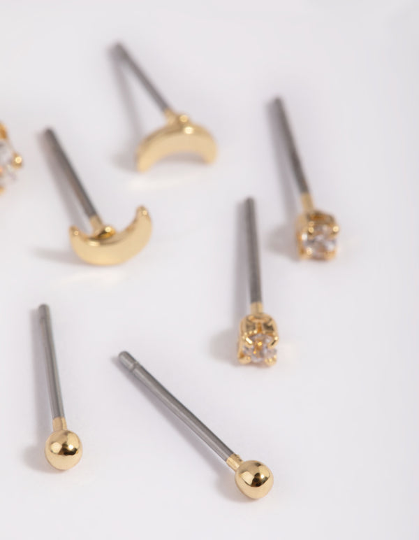 Gold Plated Brass Cubic Zirconia Moon Earring Stack 8-Pack