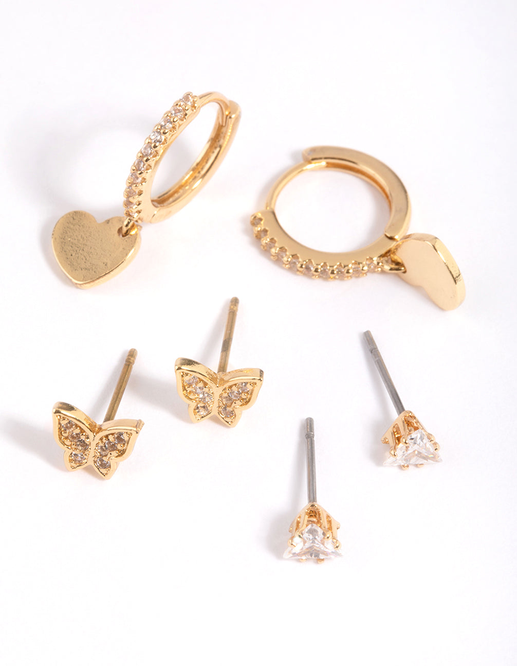 Gold Plated Brass Butterfly & Heart Earring Stack 6-Pack
