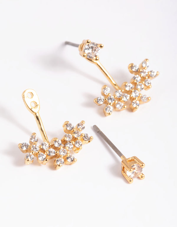 Gold Plated Brass Cubic Zirconia Flower Jacket Earrings