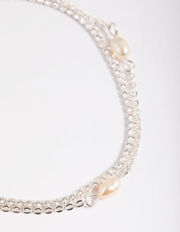 Silver Plated Brass  Cubic Zirconia Pearl Bracelet