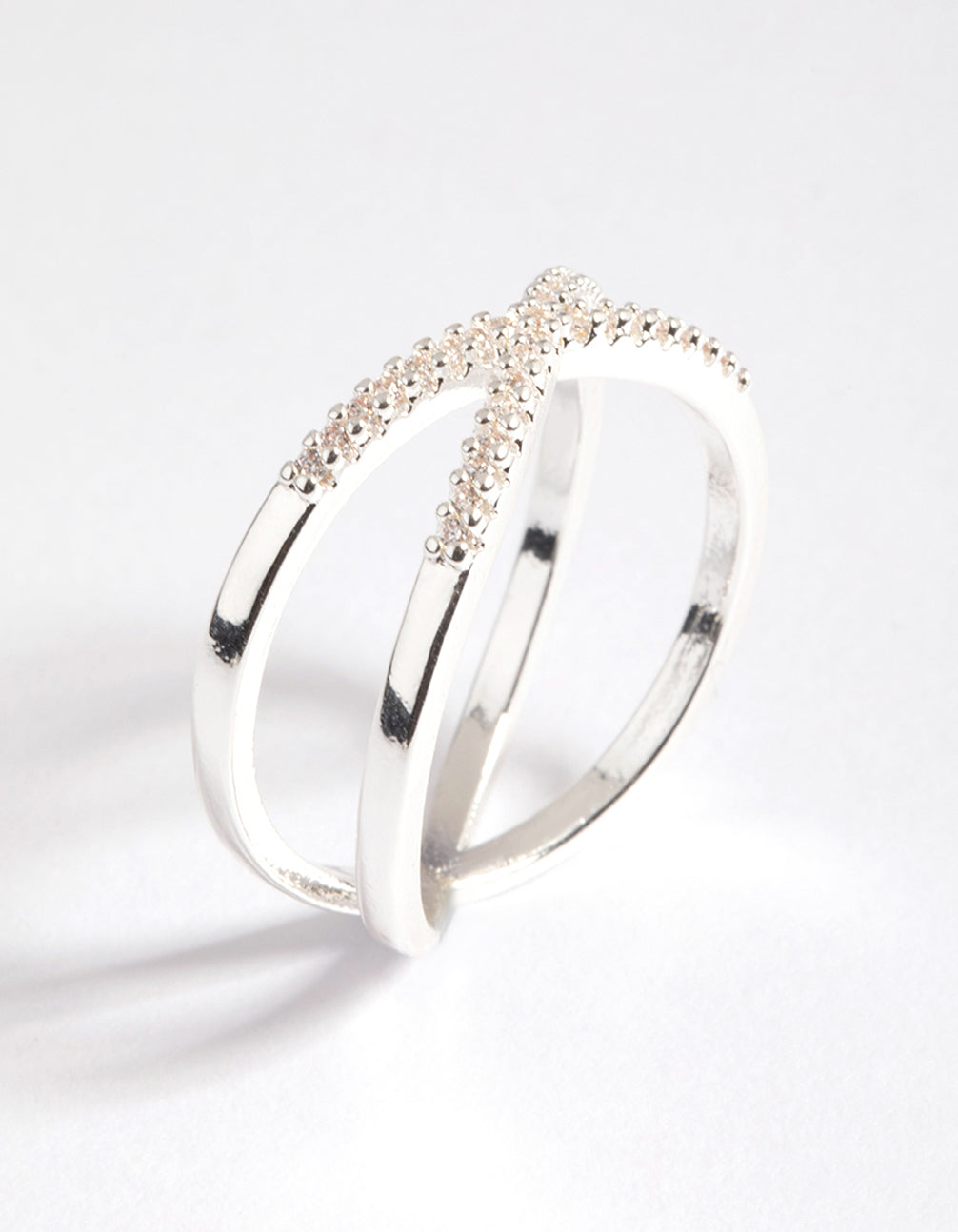 Silver Plated Cubic Zirconia Crossover Ring