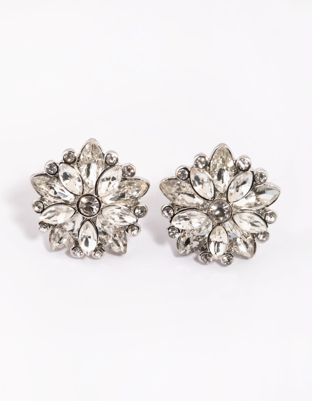 Rhodium Diamante Flower Stud Earrings