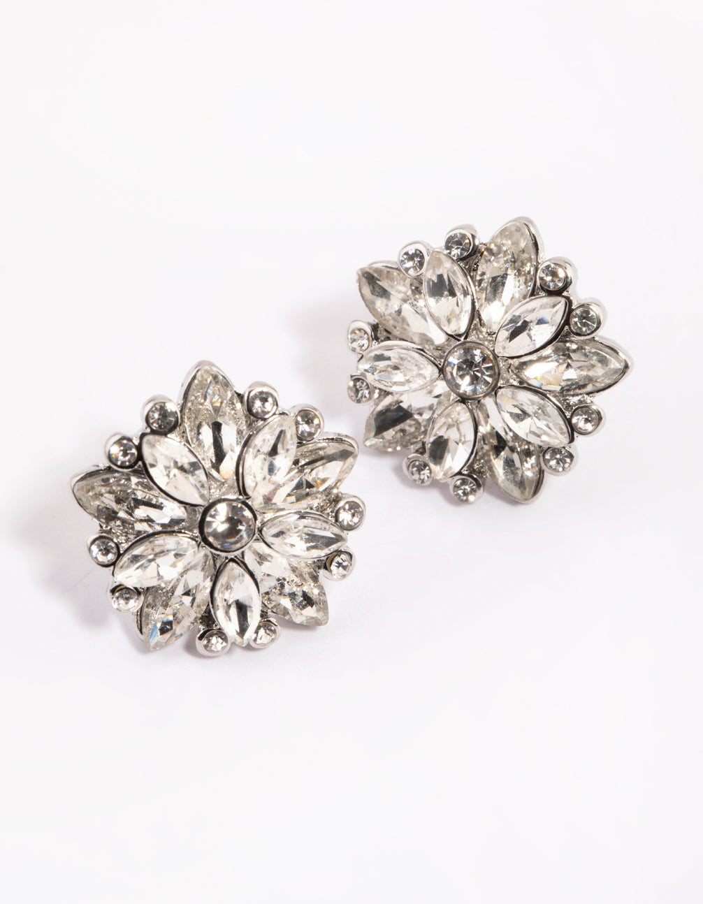 Rhodium Diamante Flower Stud Earrings