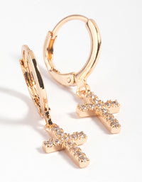 Gold Cubic Zirconia Cross Huggie Hoop Earrings - link has visual effect only
