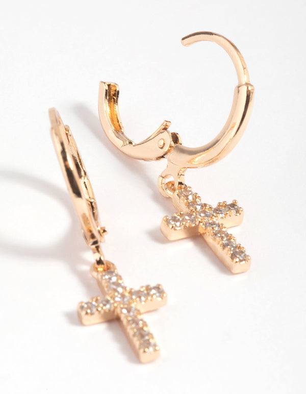 Gold Cubic Zirconia Cross Huggie Hoop Earrings