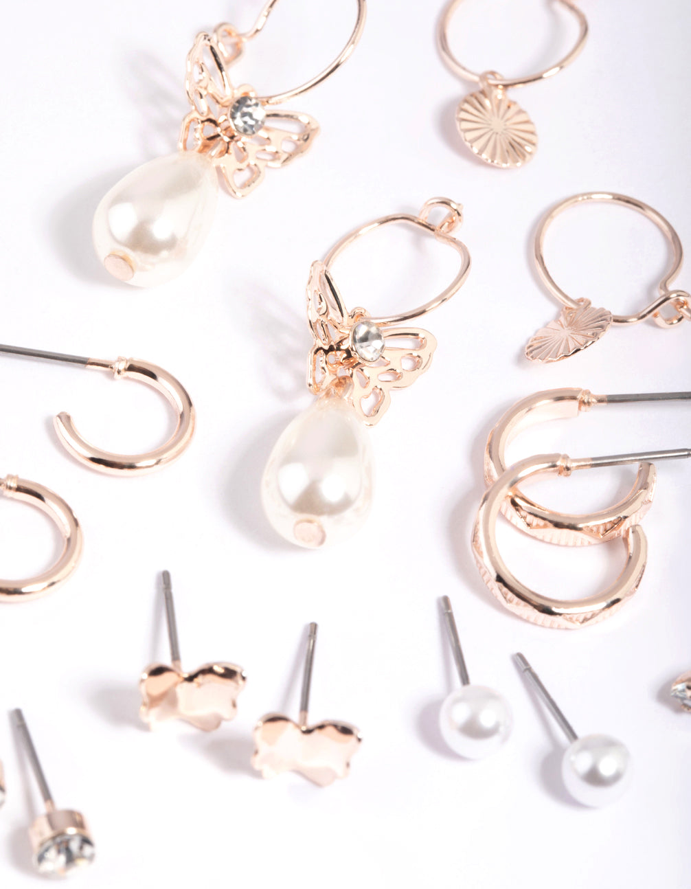 Rose Gold Butterfly Stud & Hoop Earring 8-Pack