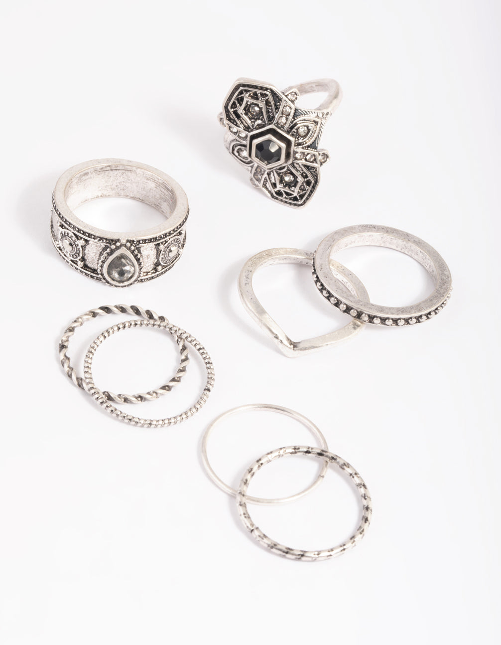 Antique Silver Filigree Ring Stack 8-Pack