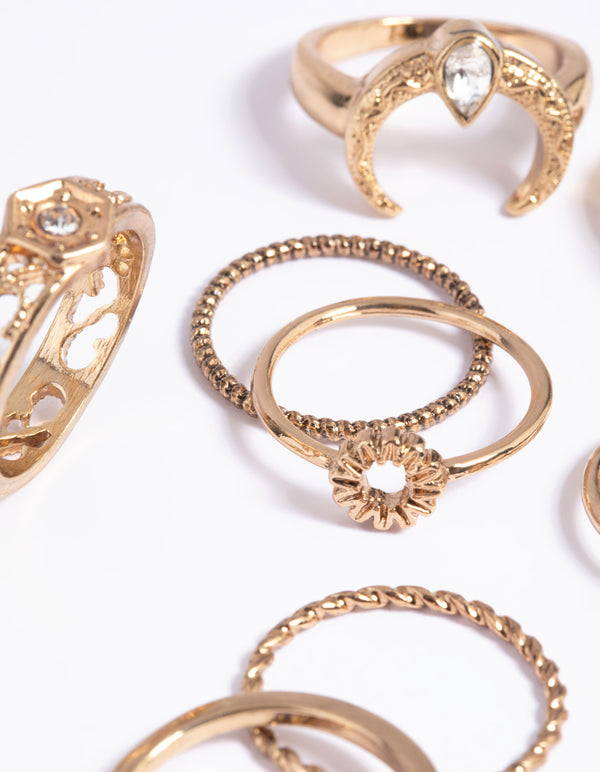 Antique Gold Crescent Ring Stack 8-Pack