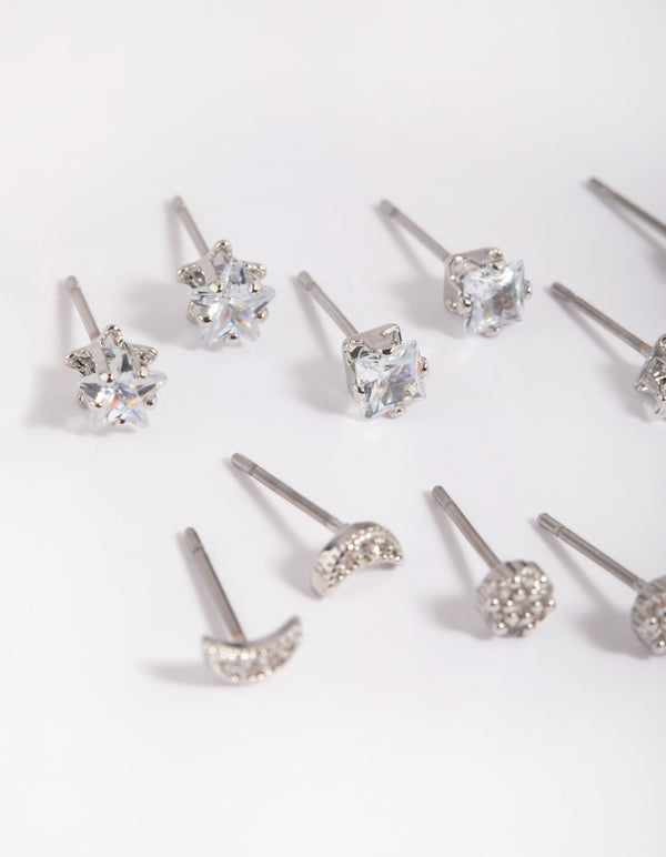 Silver Cubic Zirconia Pave Stud Earring 6-Pack
