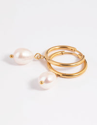 Waterproof Gold Plated Stainless Steel Freshwater Pearl Thin Huggie Hoop Earrings - link has visual effect only