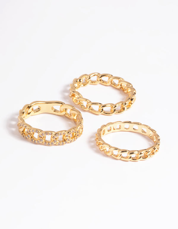 Gold Plated Cubic Zirconia Chain Ring Pack