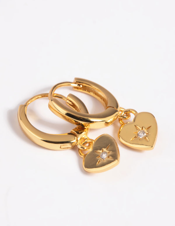 Gold Plated Sterling Silver Heart Diamante Huggie Hoop Earrings