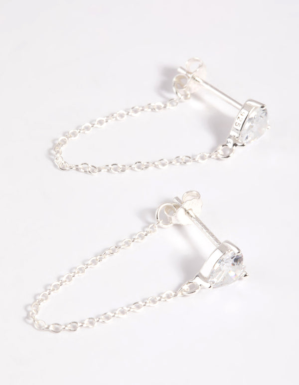 Sterling Silver Cubic Zirconia Heart Chain Stud Earrings