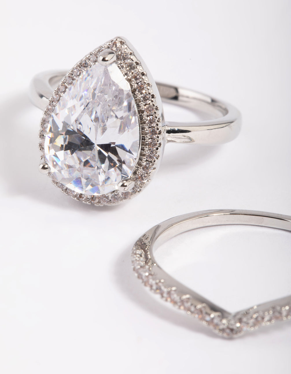 Rhodium Cubic Zirconia Pear Halo Ring Stack Pack
