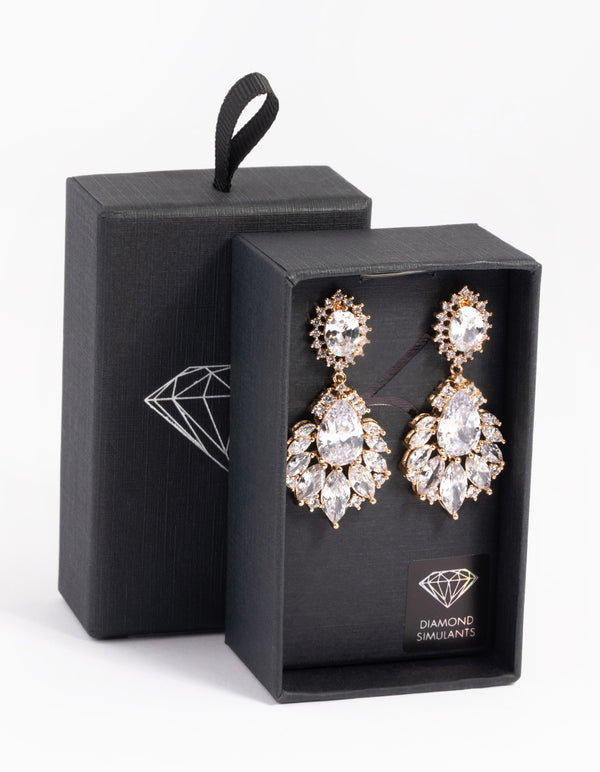 Gold Cubic Zirconia Pear Navette Statement Earrings