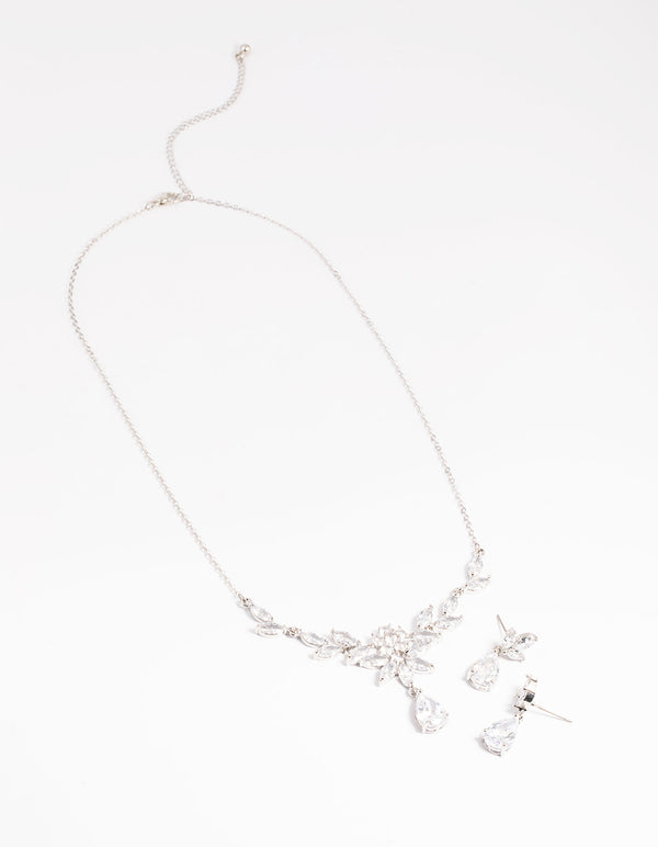 Silver Diamond Simulant Teardrop Necklace & Earrings Set