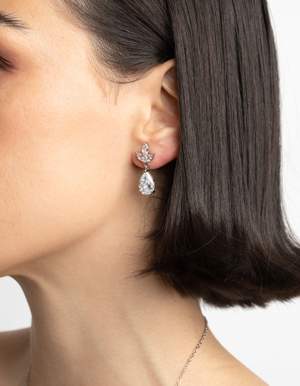 Silver Diamond Simulant Teardrop Necklace & Earrings Set