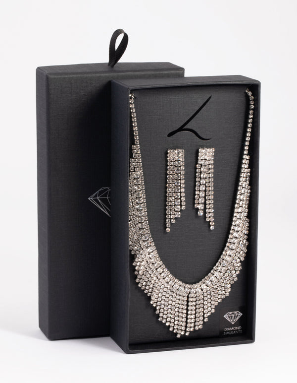 Rhodium Diamond Simulant Waterfall Necklace & Earrings Set