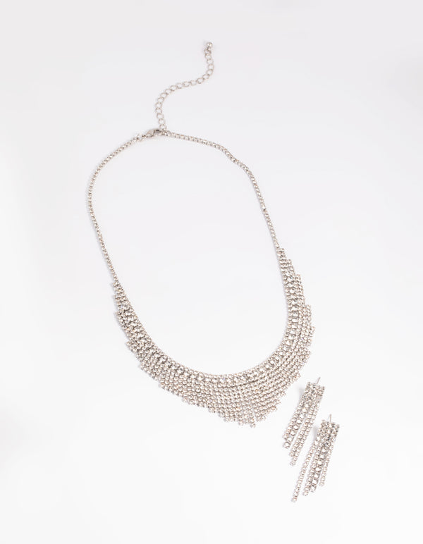 Rhodium Diamond Simulant Waterfall Necklace & Earrings Set