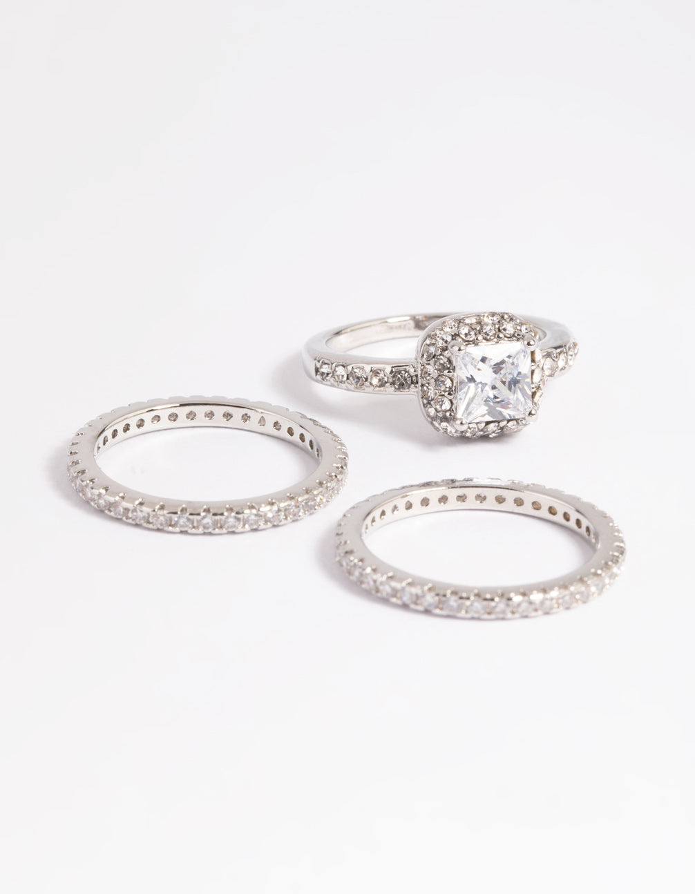 Rhodium Diamond Simulant Square Ring Pack
