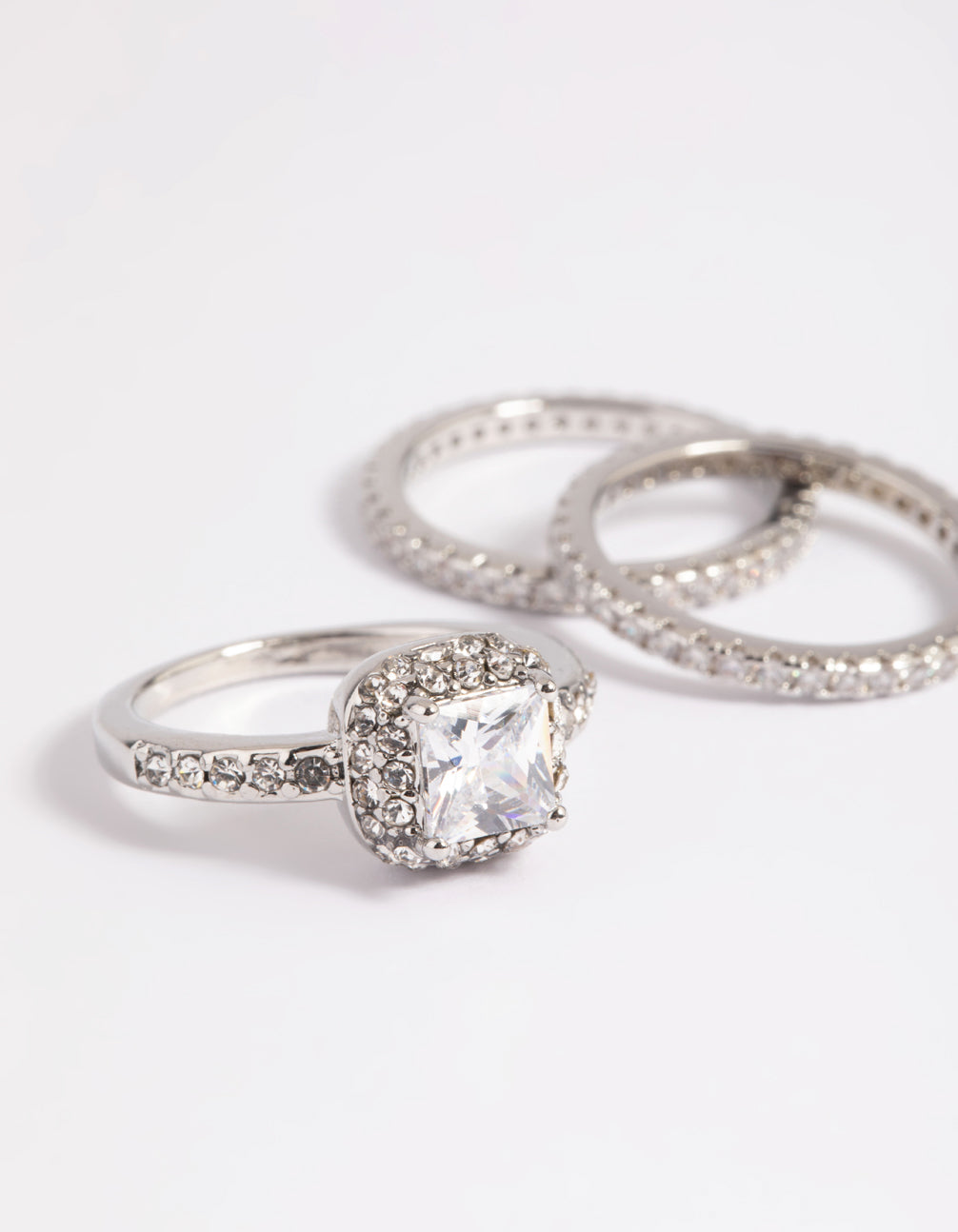 Rhodium Diamond Simulant Square Ring Pack