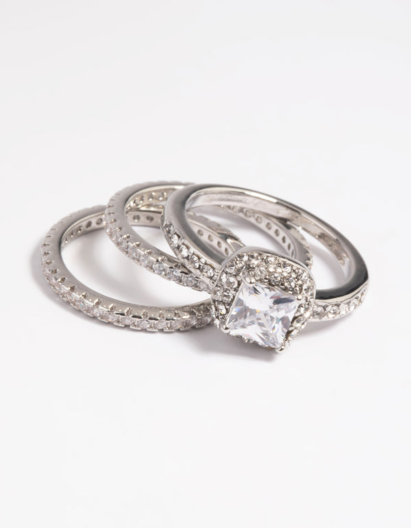 Silver Diamond Simulant Square Ring Pack