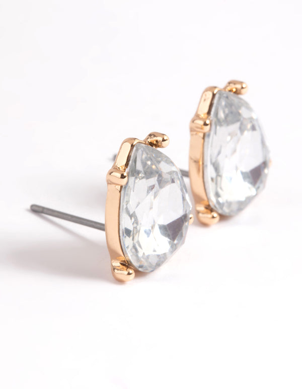 Gold Diamante Pear Stud Earrings