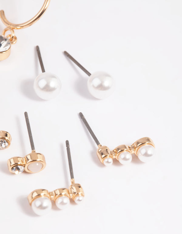 Gold Mixed Pearl Stud & Huggie Hoop Earring 8-Pack
