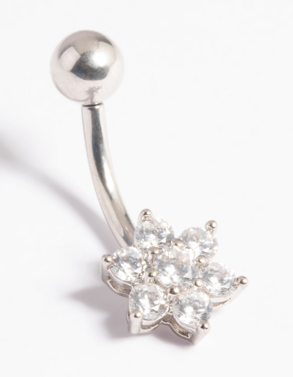 Platinum Plated Titanium Threadless Cubic Zirconia Flower Belly Bar